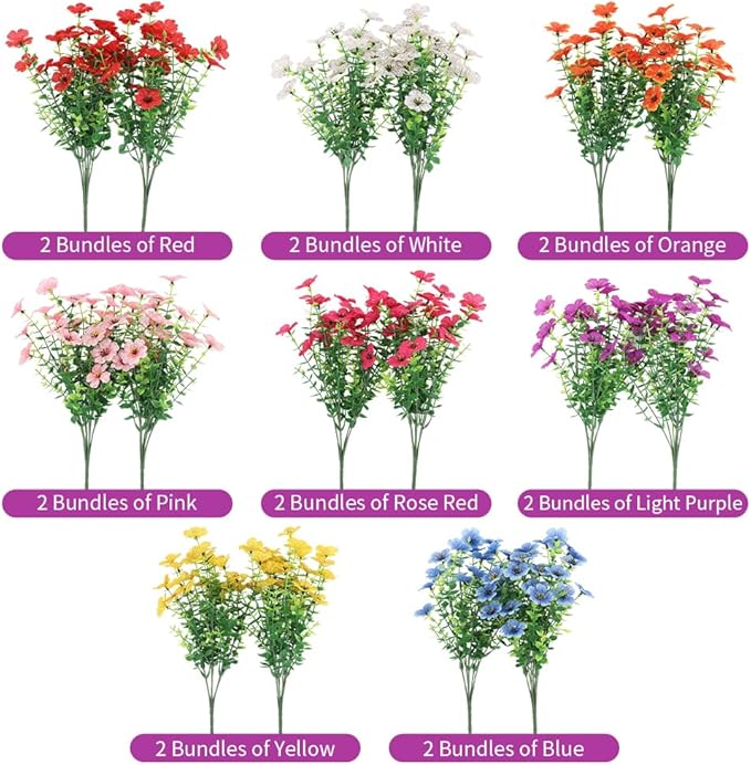 Artificial 16 Bundles Outdoor Flowers for Spring Decoration, Fake Daisy Flowers Realistic UV Resistant for Outside indoor Planter Front Door Porch Yard Patio windowsill Home Decor (Mix 8 colors)