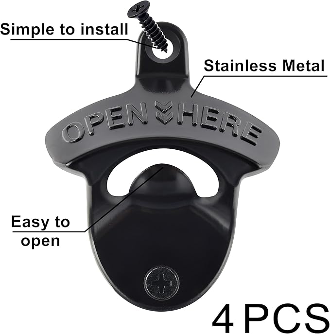 Classic Black Wall Mount Beer Bottle Opener, Rust-free Wall Hanging Beer Bottle Cap Opener for Bar Patio Hotel (4 Packs)