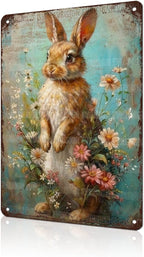 Vintage Easter Decor Farmhouse Rabbit Metal Sign Floral Design Rustic Wall Art For Home Kitchen Cafe Country Style Aluminum Plaque 8x12Inch