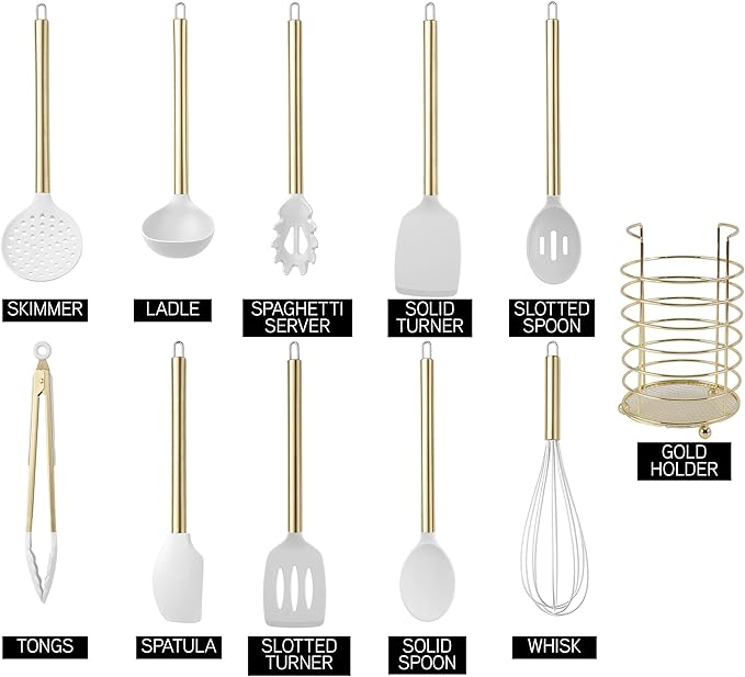 COOK WITH COLOR Silicone Cooking Utensils, Kitchen Utensil Set, Easy to Clean Silicone Kitchen Utensils, Cooking Utensils for Nonstick Cookware, Kitchen Gadgets Set with Holder, 10 Pieces