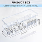 Tatuo 4 Pcs Cable Organizer Box with Wire Ties, Plastic Cord Storage Box with Lid, Electronics Organizer for Home Office Desk Organizers and Accessories (Clear)