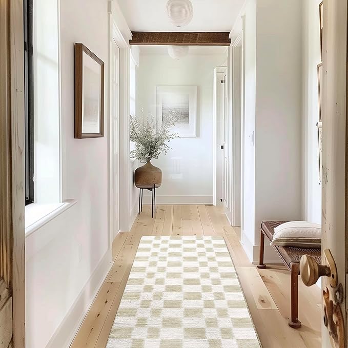 EVERGRACE Checkered Plaid Area Rug 2x6, Soft Faux Wool Rugs Washable Anti Slip Rugs Long Runner Rug Carpet for Entryway Bedroom Living Room Hallway Kitchen Dining Room and Laundry Room, Beige