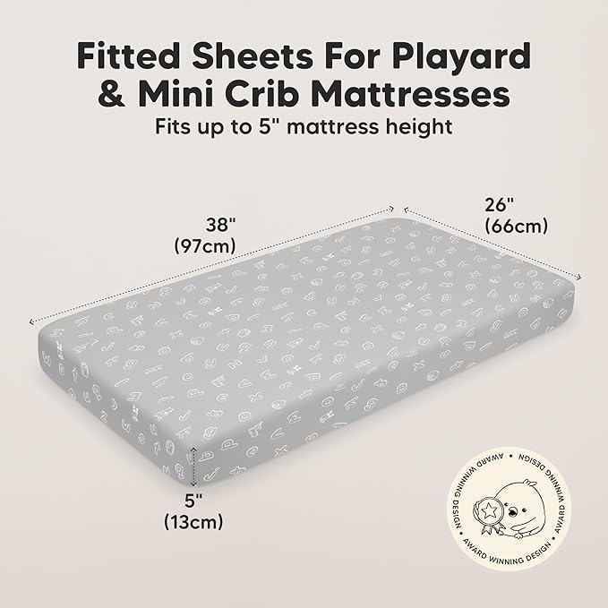 2-Pack Mini Crib Sheets Fitted - 38x26 Pack N Play Sheets for Pack and Play Mattress, Organic Cotton, Soft & Breathable Playard Bedding, Neutral Mini Toddler Bed Cover for Boys, Girls (ABC Land)