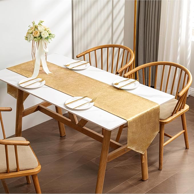 BALCONY & FALCON Gold Table Runner Lustrous Linen 14"x95" Water Resistant Washable Vintage Rustic Tassels Runner for Table, Dining, Party, Wedding, Birthday, Easter, Thanksgiving, Christmas Décor