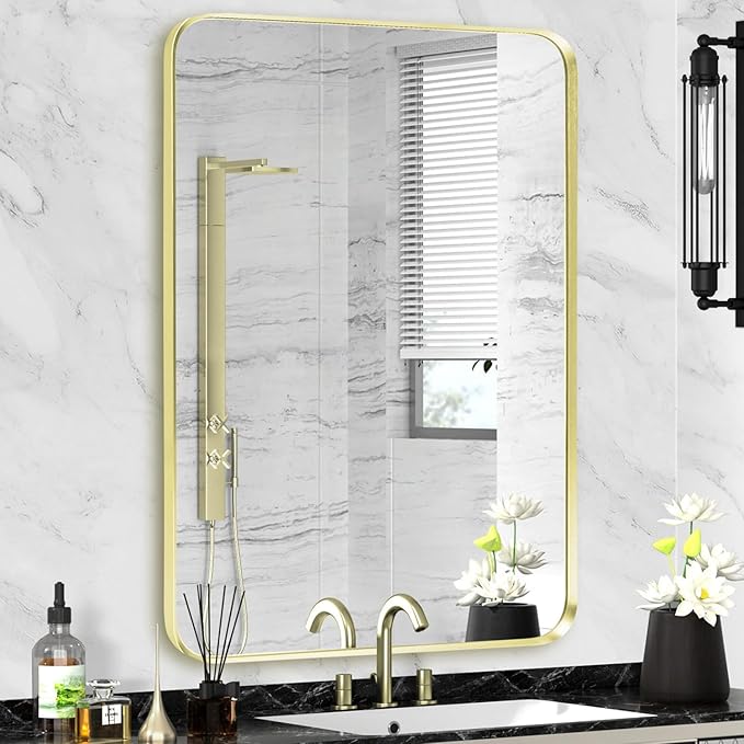 Wall Mount Mirror for Bathroom, Brushed Gold Metal Framed Rounded Corner Rectangular Vanity Mirror, Tempered Glass (28" x 36", Gold)