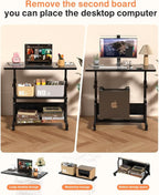 QZMDSM Portable Rolling Desk on Wheels Adjustable Height Desks for Small Spaces, 32" Computer Desk Drafting Tables with Storage Shelves for Home Office Black