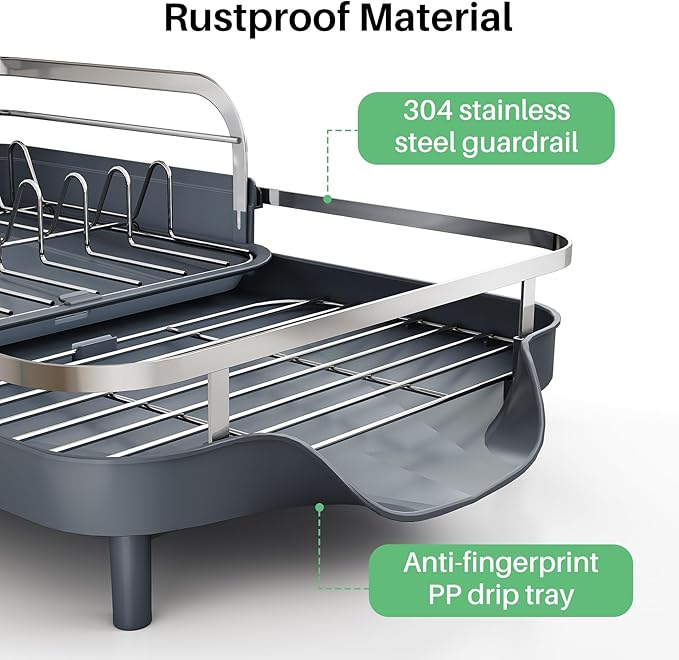 SAYZH Dish Drying Rack - Expandable Dish Rack for Kitchen Counter, Rust-Resistant Dish Drainer with Utensil Holder and Raised Guardrail, Kitchen Organizer for Cup and Bottle (Grey)