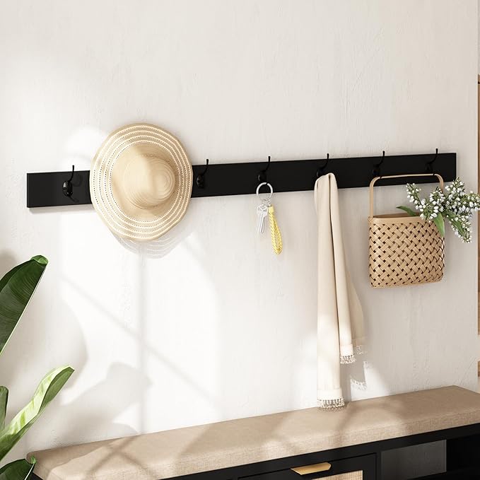 Rattan Narrow Entryway Bench with Shoe Storage, 4 Drawers & Coat Rack, Mid-Century Modern Wood Shoe Cabinet with Seat Cushion for Foyer/Hallway (Black)
