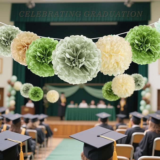 Sage Green Tissue Paper Pom Pom Flowers Decorations 15 PCS Olive Green Paper Flowers for Wall Hanging Backdrop Neutral Baby Shower Wedding Party Supplies Birthday Bridal Decor Table Centerpieces