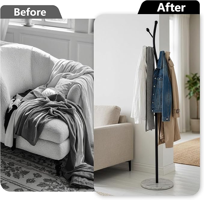 sawsile Black Coat Rack Freestanding,Coat Hanger Stand with Natural Marble Base,Modern Sturdy Metal Clothes Rack Standing Hall Tree Hanger for Hats,Scarf, Bag, Jacket