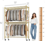 BATHWA Heavy Duty Rolling Garment Racks, 25mm Metal Pipe, 47.3"W x 17.7"D x 80.7"H Large Tall Portable Wardrobe Closet with 2 Rods, Wide Adjustable Shelves and Hangers, Clothing Hanging Storage, Gold