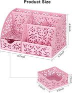EasyPAG Desk Organizer and Pen Holder for Desk, Mesh Office Supplies Storage Caddy with Drawer for Small Space, Desktop Organizer for Home Office, Pink