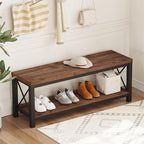 BON AUGURE Entryway Bench with Storage, 2 Tier Wood Metal Shoe Bench, Storage Benches for Bedroom, Entrance, Hallway, Mudroom, Indoor (47 inch Wide, Rustic Oak)