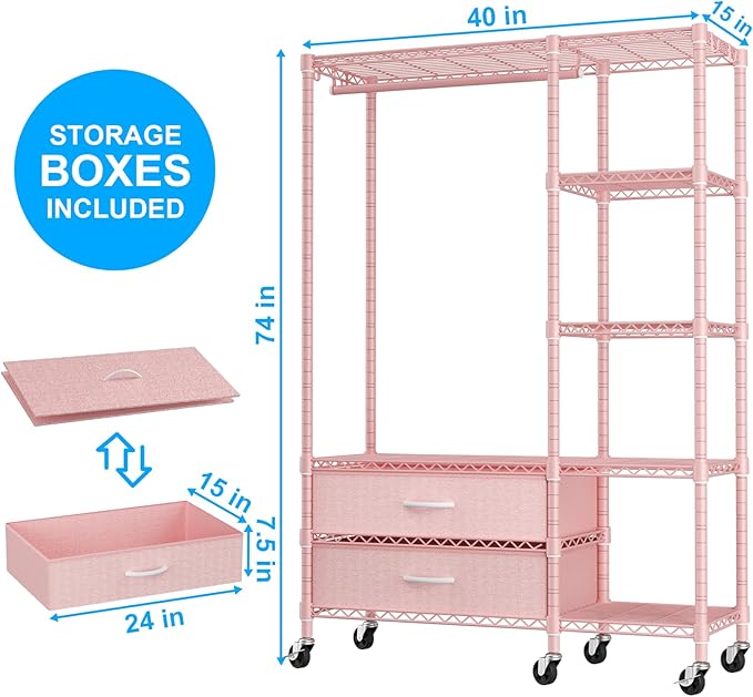 Ulif F3R Heavy Duty Clothes Rack（With Lockable Wheels）Freestanding Clothing Racks for Hanging Clothes，Adjustable Closet Organizer System，Portable Garment Rack 40"W x 15"D x 74"H，Max Load 700LBS，Pink