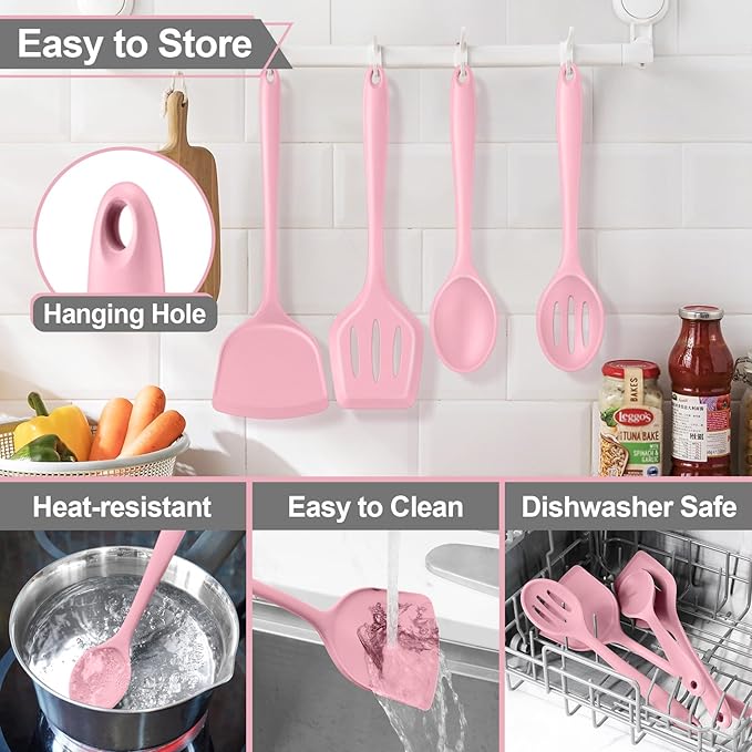 P&P CHEF Kitchen Utensil Set, 4 Pieces Non-stick Silicone Cooking Utensils, Heat-resistant Slotted Solid Spoon Turner for Frying, Mixing, Serving, Non-toxic & Easy to Clean, Pink