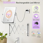 FASCINATE 5000mAh Rechargeable Wall Mounted Makeup Mirror with Lights, 8.7 Inch Double Sided Touch Switch 1X 30X Magnifying Bathroom Mirror, 3 Color Lights Dimmable Extended Arm 360°Rotation (Chrome)