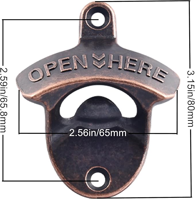 Retro Bottle Cap Opener Mountable - Stationary Wall Beer Bottle Opener Antique Copper - Cooler Mount Beer Bottle Top Opener Bulk Open Here (15 PCS)
