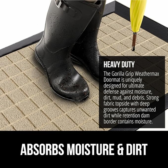 GORILLA GRIP 100% Waterproof All-Season WeatherMax Doormat US Designed Natural Rubber, Stain and Fade Resistant, Low Profile Indoor Outdoor Door Mats, Easy Clean Patio Mat, 23x35, Taupe Grid