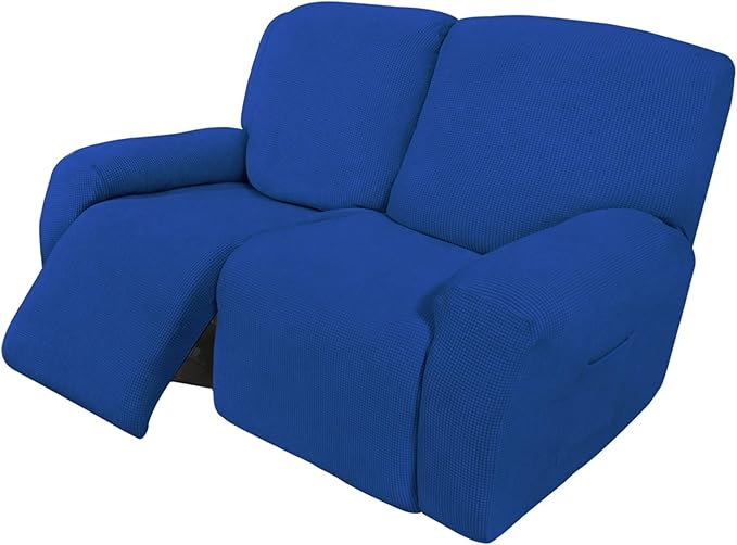 Easy-Going 6 Pieces Recliner Loveseat Stretch Sofa Slipcover Sofa Cover Furniture Protector Couch Soft with Elastic Bottom Kids, Spandex Jacquard Fabric Small Checks Classic Blue