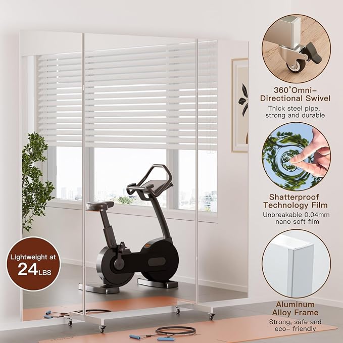 brisafe Full Length Mirror with 360° Wheels, 95"x79" Foldable Floor Mirror with Nano-Tech Shatterproof Film - Ultra-Large Mobile Mirror for Home Gym, Dance Studio & Commercial Spaces （White