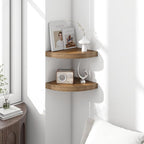 Fun Memories Floating Corner Shelves Set of 2 - Rustic Wood Wall Mounted Storage and Display Shelves for Living Room, Bedroom, Kitchen, Bathroom - Space Saving Home Decor, Walnut