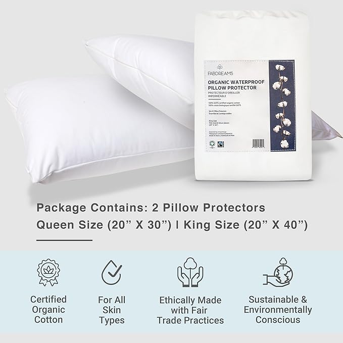 FABDREAMS Organic Waterproof Pillow Protector Set King Size | Pillow Cover Set of 2 | Pillow Encasement Set of 2 | Temperature Regulating | Breathable | King | 20” X 40” | White