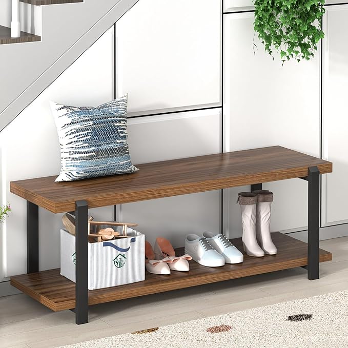 FOLUBAN Entryway Bench with Shoe Storage, Modern End of Bed Bench, Wood and Metal Entry Bench for Hallway Front Door Entrance, Industrial Indoor Bench for Bedroom Living Room, Rustic Walnut, 47 Inch