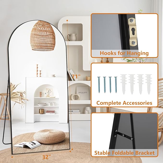 Arched Mirror Full Length, 71"x32" Large Floor Mirror Free Standing, Black Full Body Mirror for Bedroom Living Room Gym, Shatterproof Tempered Glass