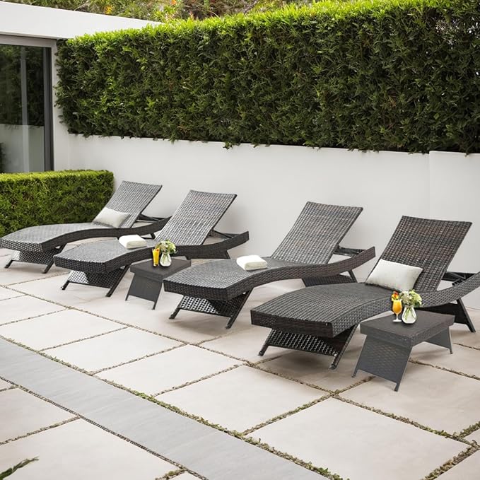 Outdoor Patio 4 Adjustable Backrest Chaise Lounger and 2 Side End Tables