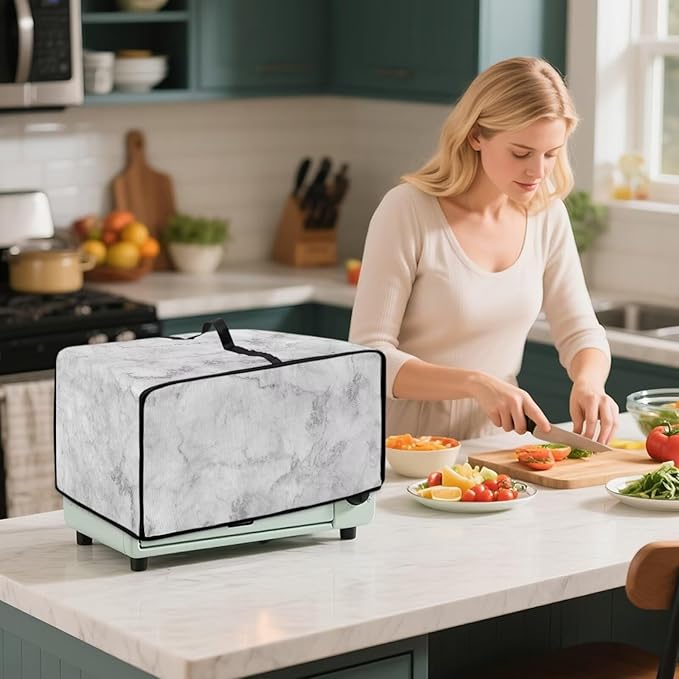 White Marble Texture Print Microwave Oven Dust Cover Polyester-Linen Fabric Dust Cover for Microwave Oven Universal Dust-Proof Kitchen Appliance Protector Fits Most Microwaves, S