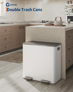 GarveeHome 2 x 10.6 gal Stainless Steel Double Trash Can with Lid for Kitchen, Large Dual Trash and Recycle Bin Combo, Step-on Kitchen Metal Garbage Cans, PP Inner Buckets, Liner Rim, Grayish-White
