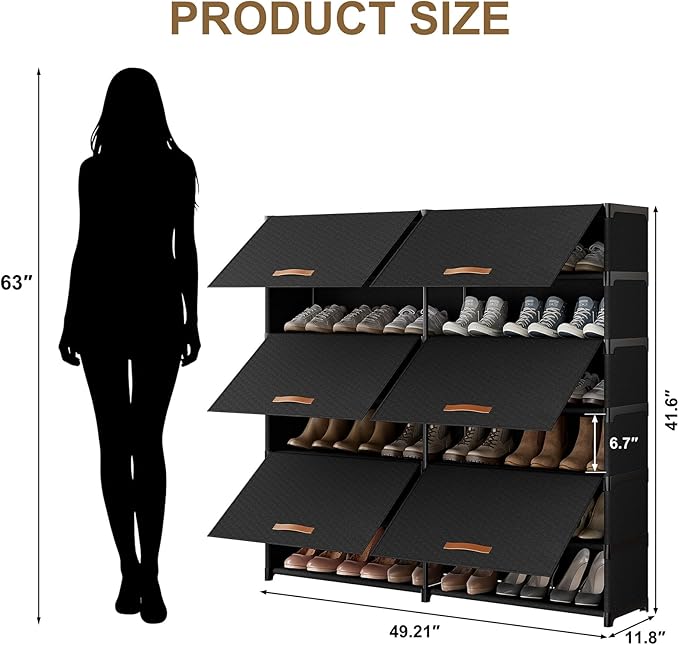 Shoe Storage Cabinet with Door, 42 Pairs Shoe Rack 2 by 7 Tier Space Saving Plastic Shoe Organizer with Cover for Closet, Hallway, Living Room, Bedroom, Garage, Black