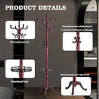 Coat Racks FreeStanding with 14 Hooks, Natural Wood Coat Rack with Solid Round Base, Adjustable Height Coat Racks, Easy Assembly for Hallway, Bedroom and Office (Reddish brown-Tray)