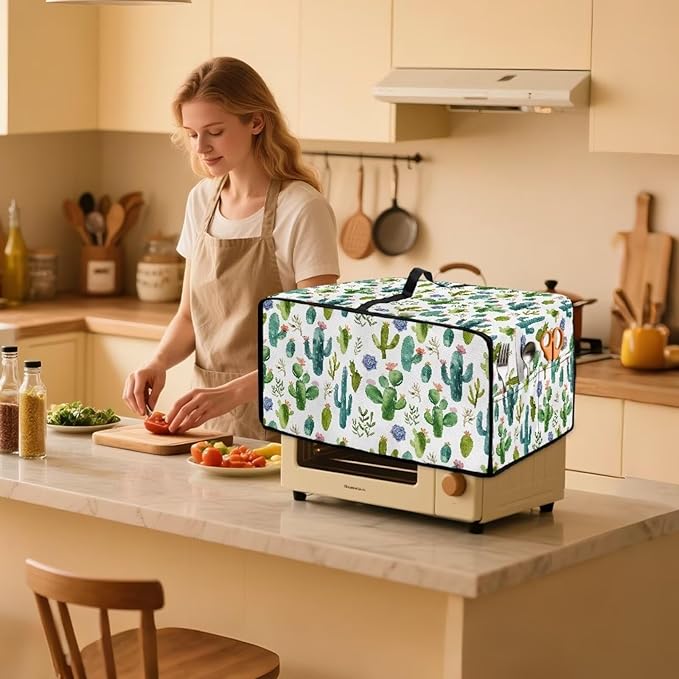 Watercolor Cactus Floral Print Toaster Oven Cover Waterproof Polyester-Linen Fabric Microwave Oven Dust Cover Foldable Kitchen Appliance Protector Dirt and Fingerprint Protection, L