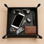 Valet Tray Desktop Storage Organizer – Vegan Leather Catchall Tray Bedside Vanity Tray Nightstand Caddy Holder for Remote Controller, Watch, Keys, Phone, Wallet, Coin, Jewelry, Black