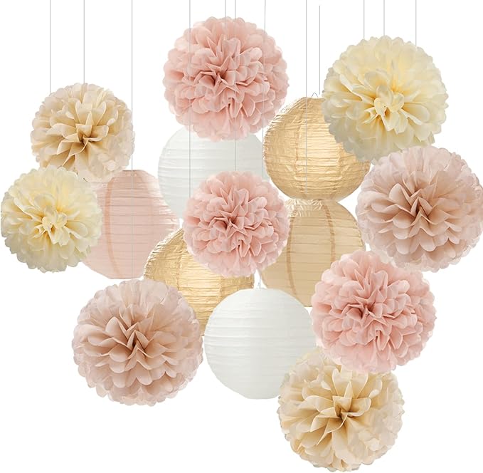Champagne-Gold White Party-Decorations Paper-Flowers Lanterns - 15PCS Boho Fall Rustic Tissue Pom Poms Streamers,Wedding Baby Bridal Shower Neutral Autumn Birthday Hanging Supplies Decor Hugfond