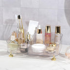 DASITON Makeup Organizer Countertop for Vanity, 5 Slots Makeup Brush Holder Organizer, Vintage Makeup Perfume Tray Cosmetic and Skincare Organizers for Bedroom Bathroom Counter, Desk Storage (Clear)