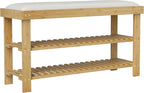 HOMCOM Bamboo Shoe Bench, 3-Tier Entryway Bench with Storage and Cushion, Shoe Organizer for Entryway, Hallway, Holds Up to 331 lbs, 35.4 x 11.4 x 19.3 Inches, Natural