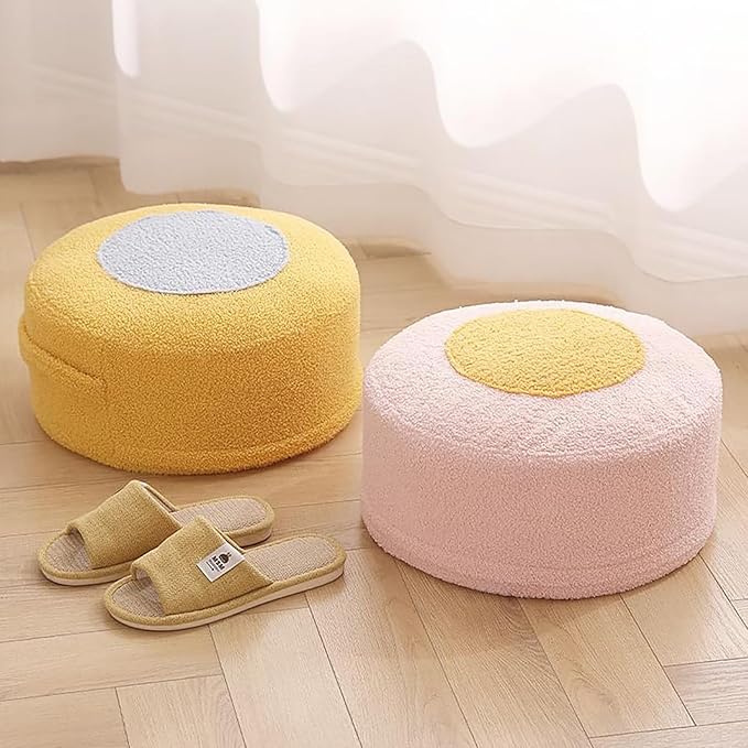 Round Pouf Ottoman Foot Rest, Stuffed Floor Pouf Foot Stool with Foam Chunk, Fluffy Storage Ottomans for Living Room Home Decor, Blue