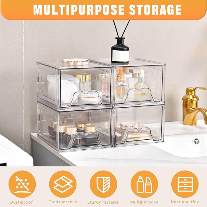Stebopum 6 Pack Stackable Makeup Organizer, 4.4'' Tall Acrylic Bathroom Makeup Organizer and Storage Drawer with Pull-out Handle, Clear Plastic Storage Bins for Vanity,Pantry,Desk,Undersink,Kitchen
