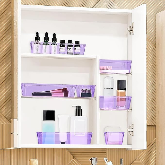 StorMiracle 16 PCS Drawer Organizer Set, 5 Varied Size Bathroom and kitchen Drawer cabinet organizer Trays, Clear Storage Bins for Makeup, Jewelry, Utensils and Gadgets, Purple