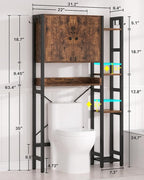 Over The Toilet Storage Cabinet with Doors - 7 Tier Bathroom Organizer with Adjustable Shelf, Freestanding Space Saver Rack Above Toilet Stand with 4 Hooks for Bathroom, Restroom, Laundry, Rustic