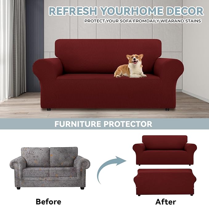 LURKA Stretch Loveseat Sofa Slipcovers 1 Piece Couch Covers for Sofa Furniture Protector Full Sofa Covers with Elastic Bottom for Kids and Dog (Medium,Dark Red)