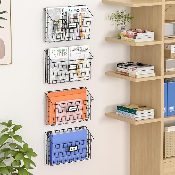 X-cosrack 4-Tier Hanging Wall File Holder Vertical Wall Mount Metal Wall File Organizer with Tag Slot Document Magazine Rack Mail Organizer for Office Home, Black
