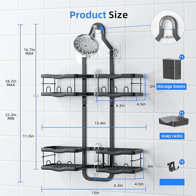 GearFusion Aluminum Shower Caddy Hanging for Handheld Showerheads Adjustable Split Shower Caddy Over the Shower Head Caddy, 2 Levels Showers Rack Organizer with Hooks, Razor Holder, Soap Holder,Black