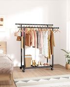 Sakugi Double Rods Clothes Rack - Metal Clothing Rack with Fixed Double Rods, Rolling Wheels & Built-In Shelf for Closet, Bedroom, Laundry Storage (39" x 17" x 60", Black)