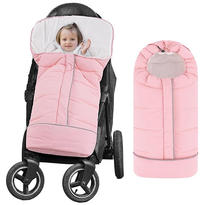 Yoofoss Stroller Cover for Winter, Toddler Stroller Footmuff Universal for Most Stroller, Water Resistant Warm Coral Baby Stroller Bunting Sleeping Bag Pink