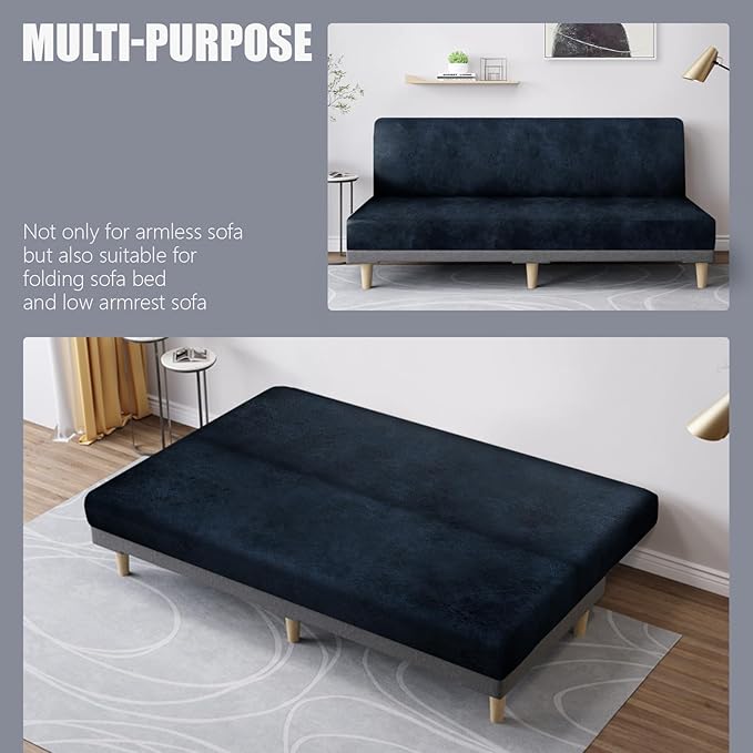 molasofa Leather Like Stretch Futon Slipcover Armless Futon Bed Sofa Cover Furniture Protector with Elastic Bottom, Soft and Washable Futon Cover for Sofa Bed Stay in Place（Larger, Navy Blue）
