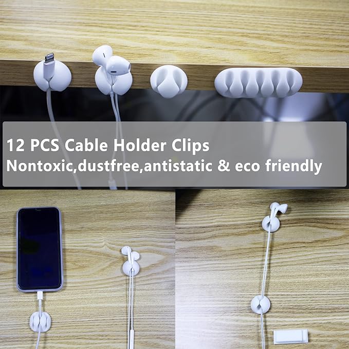 White Cable Management Organizer Kit 4 Cable Sleeve Split,47Cable Clips 12Cord Clips Holder,22 Cable Ties, 20 Adhesive Wall Cable Tie, 200Fasten Cable Ties for TV Electronics