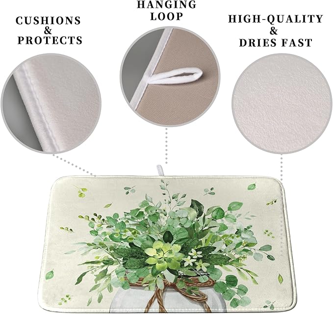 Spring Sage Green Leaves Dish Drying Mat for Kitchen Counter Eucalyptus Leaf Floral Mason Jar Dishes Drainer Mats Absorbent Microfiber Dish Draining Mat Washable Large Dish Pad 18x24 Inch